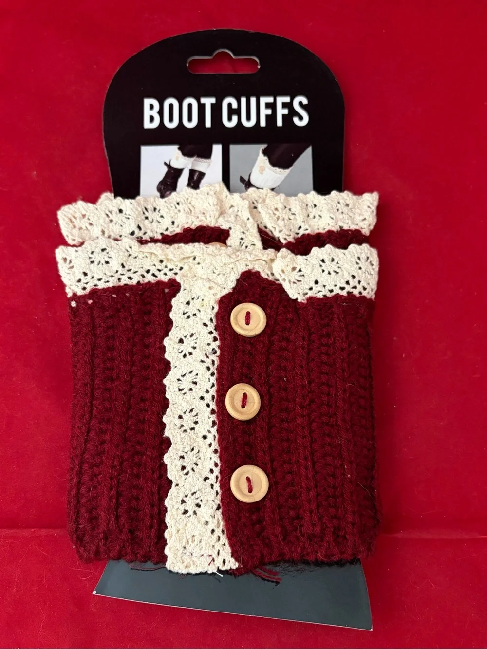 Hand Knitted Boot Cuffs With Lace And Faux Buttons